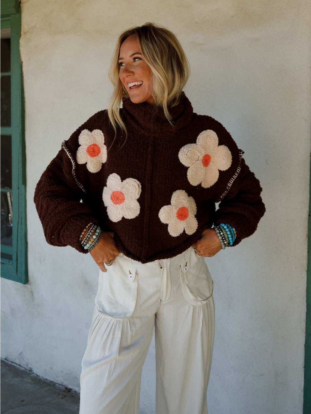 POL Petal Warmth Cozy Floral Daisy Teddy Mockneck Sweater 3BN Three Bird Nest